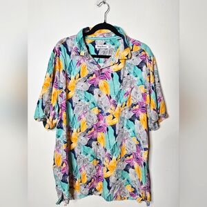 Tommy Bahama Silk Hawaiian Mens XL Blue Yellow Pink Casual Bright Tropical Shirt